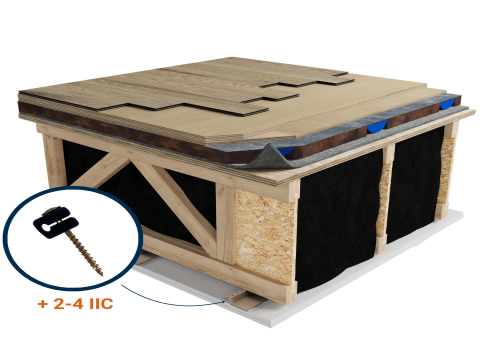 LWF-7PE | Wood | Nailed down | 5/8'' plywood | 5/8'' plywood | AcoustiTECH SOFIX | AcoustiTECH Lead 6 | Light wood | Resilient channels | Ceiling image