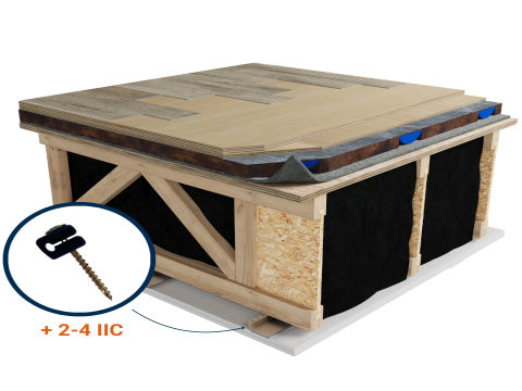 LWF-6HS | Vinyl | Floating | 5/8'' plywood | 5/8'' plywood | AcoustiTECH SOFIX | AcoustiTECH Lead 6 | Floating | Light wood | Resilient channels | Ceiling image