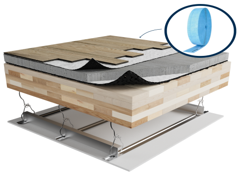 MTR-Y86 | Wood | Floating | Insonofloor (Soprema) | Floating | 1“1/2 concrete topping | Insonomat (Soprema) | Mass timber | Furring strips | Ceiling image